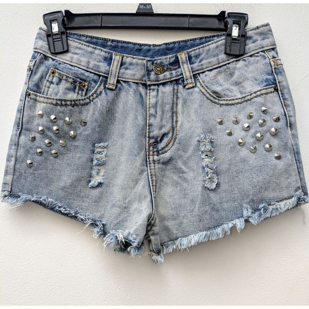 Hot Pants Mini Shorts Studded High Rise Waist Distressed Light Blue Size S-M